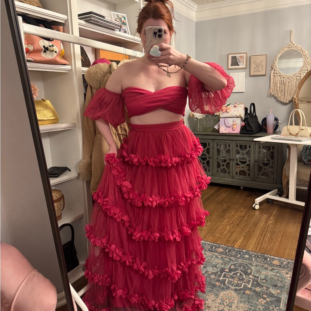 Hot Pink Two-Piece Ruffled Tulle Gown - Picture 6 of 6